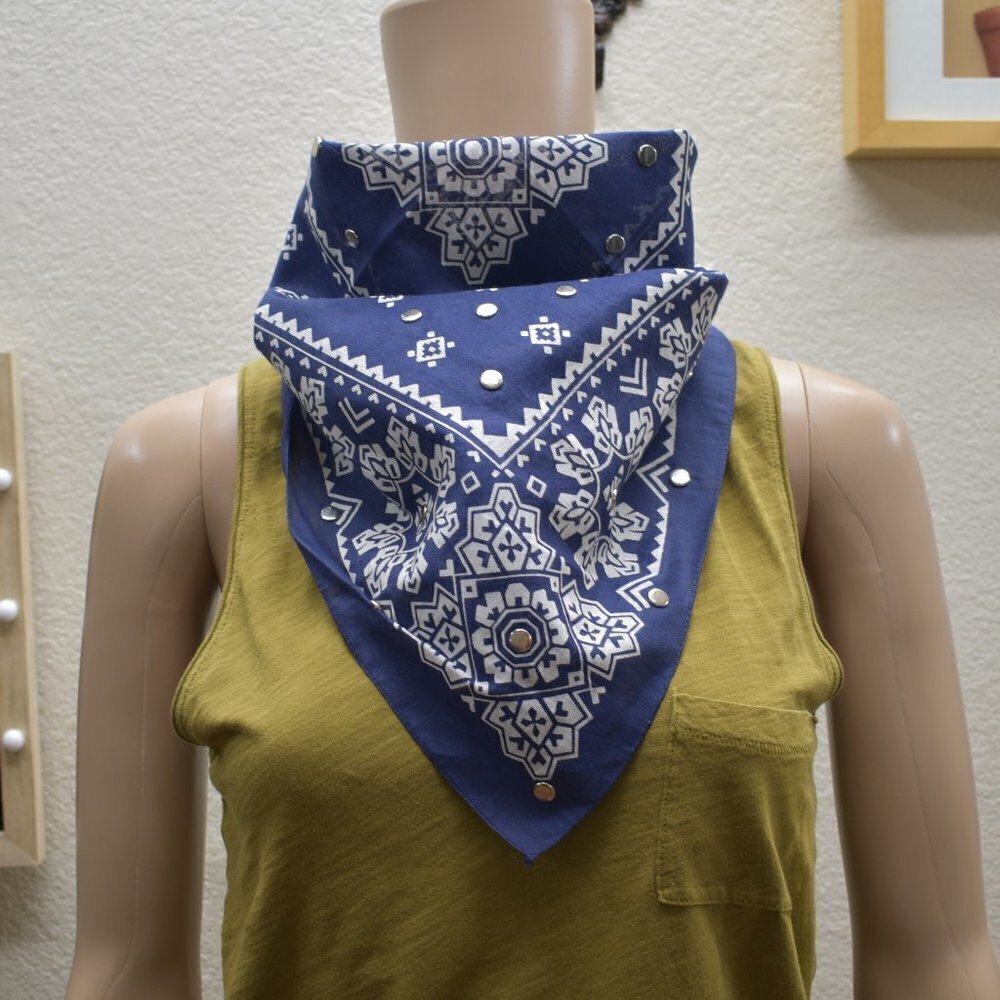 Handkerchief Scarf / Bandana Navy Blue Cotton Paisley Print Studded